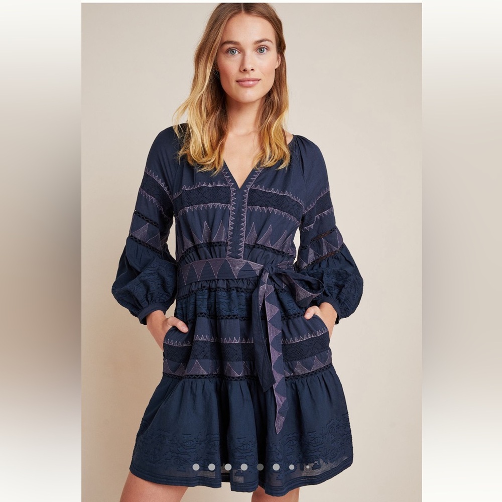Anthropologie Skye embroidered dress, Size XSP, Navy Blue